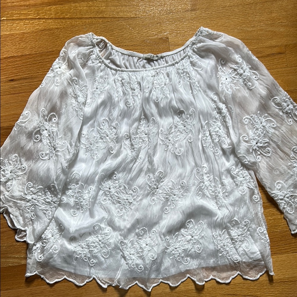 White Ruffled 3/4 Sleeve Blouse